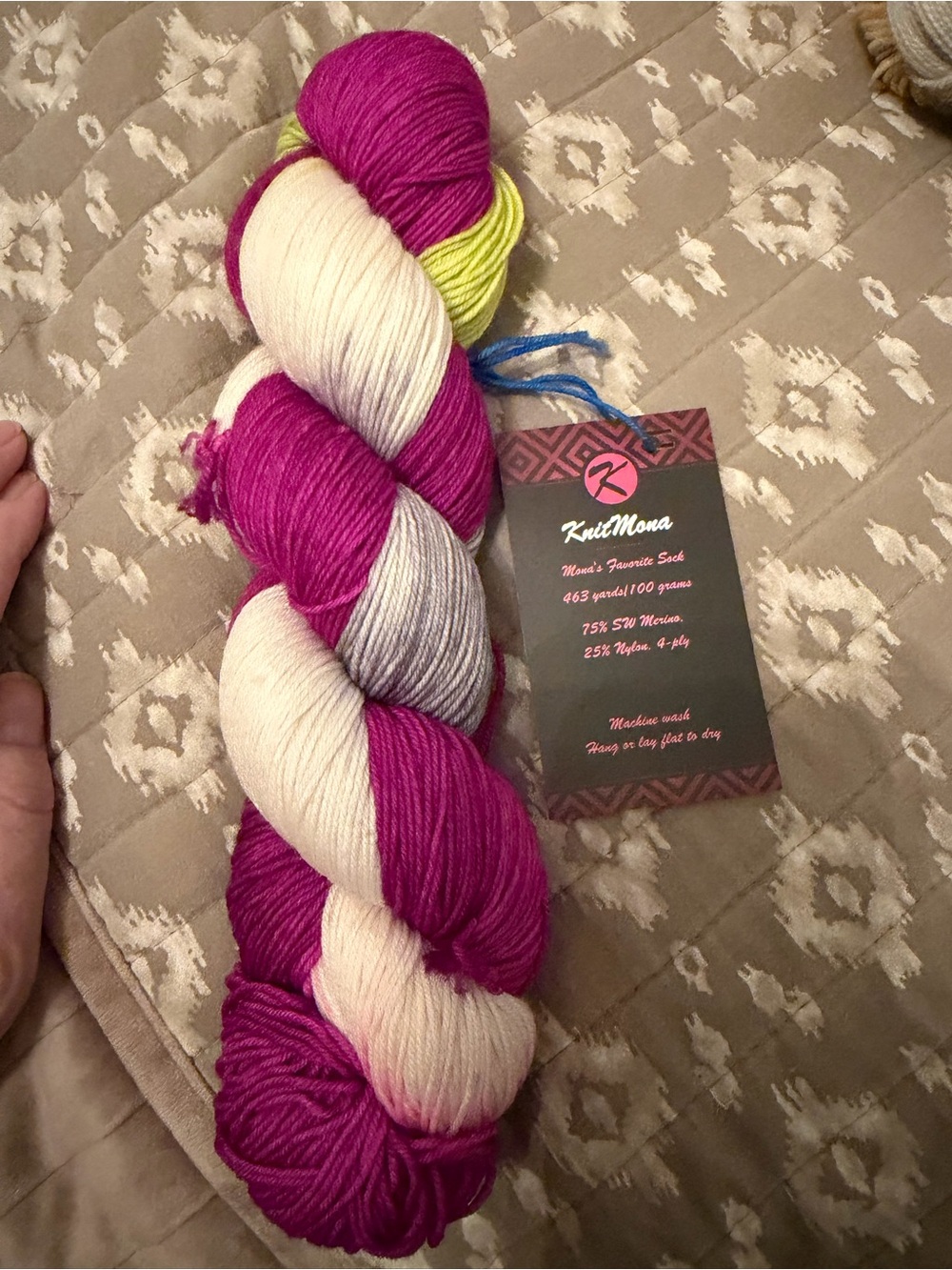Knit Mona Hand-Dyed Yarn Skein in Fuchsia, Cream & Lime